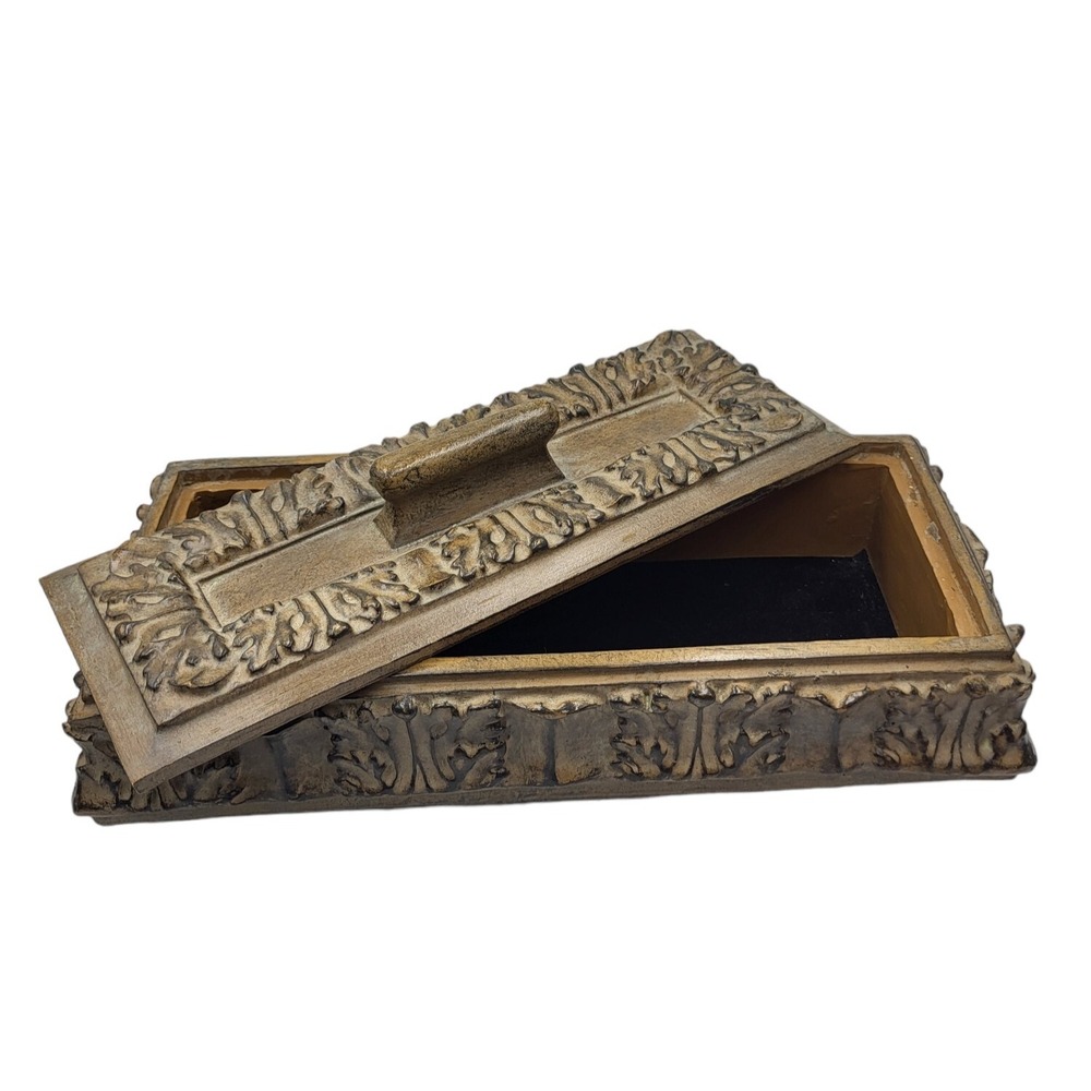 Vintage Lidded Jewelry Box International Bazaar Faux Wooden Carved Velvet Lined